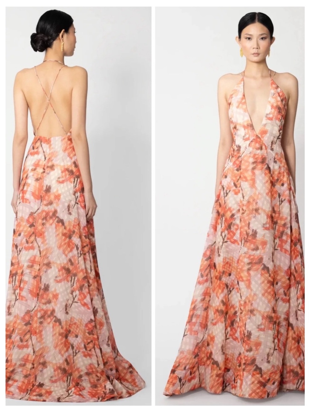 NWT Sau Lee Calista Maxi Long Chiffon Floral Dress Orange Plunge Size Women’s 4 - Picture 3 of 10